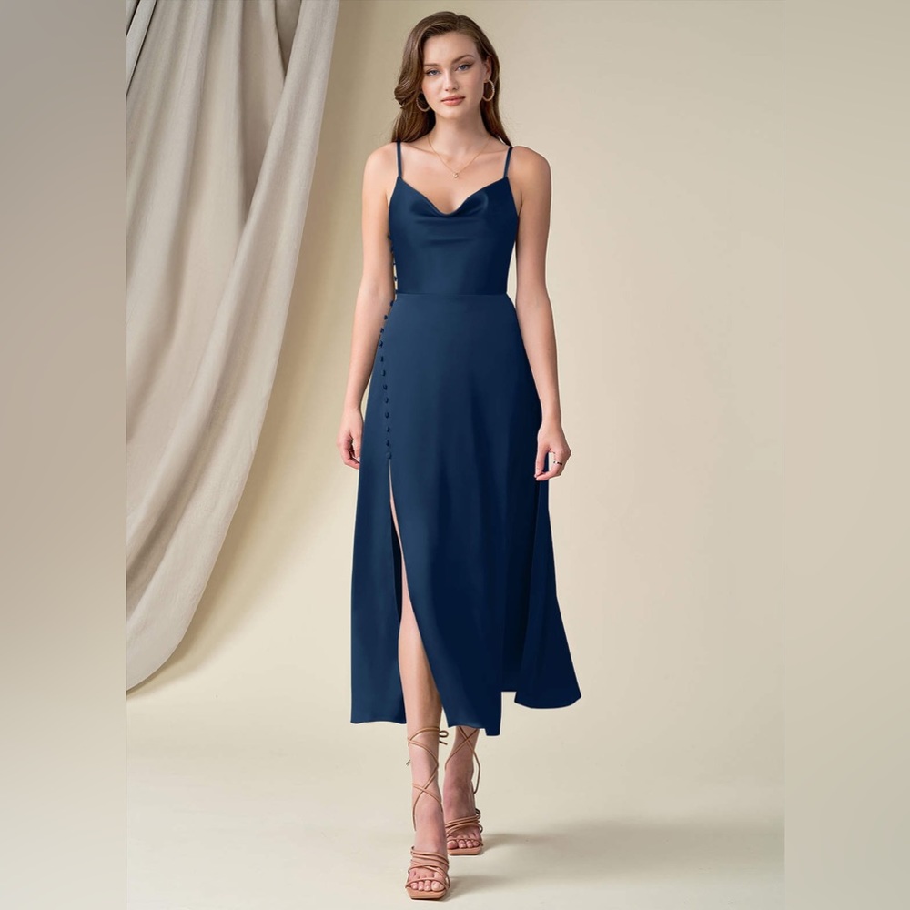 NWT Azazie Button-Seam Satin Midi Dress with Slit